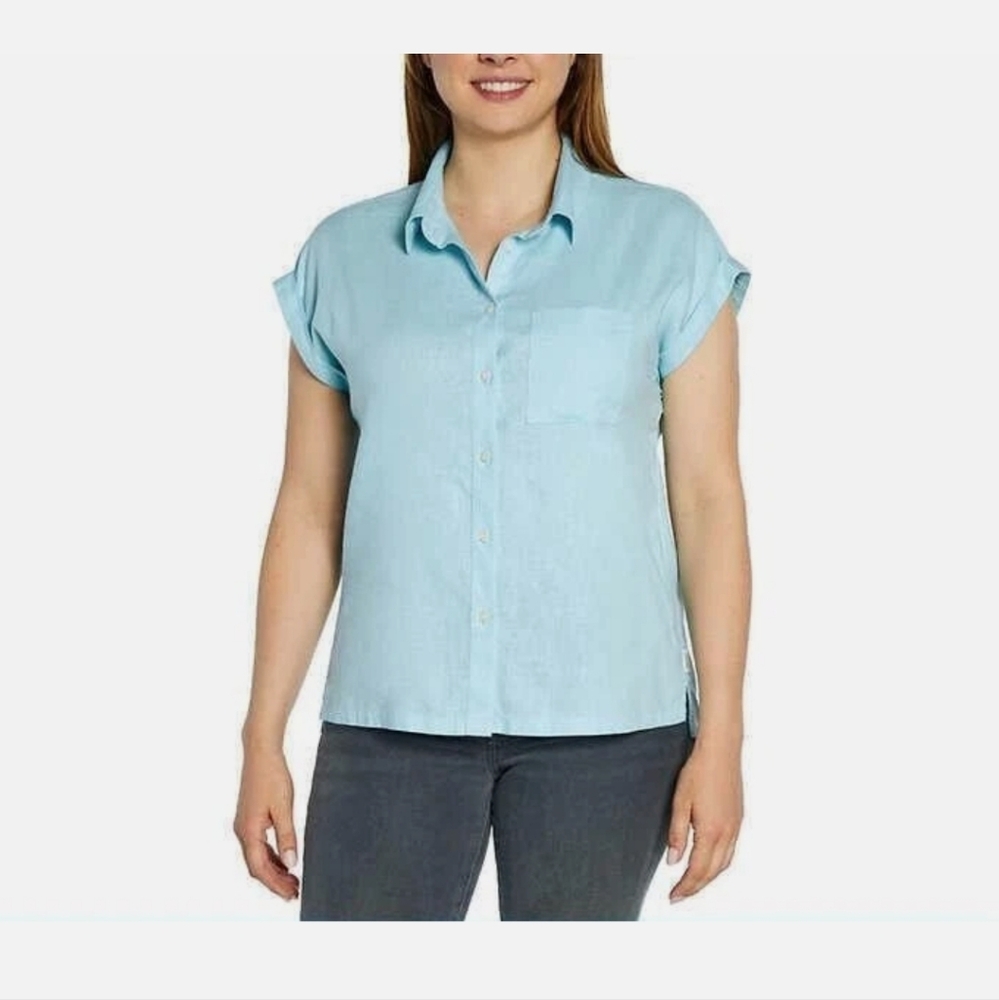 Orvis Blue Casual Button Down Shirt Lightweight Womens Large Linen Blend